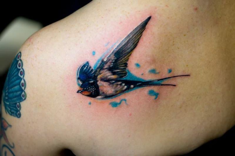 Dark swallow tattoo on shoulder