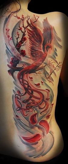Phoenix and cherry blossom tree tattoo