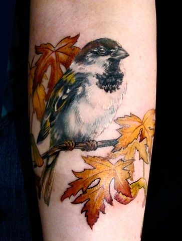 Sparrow among leafs tattoo