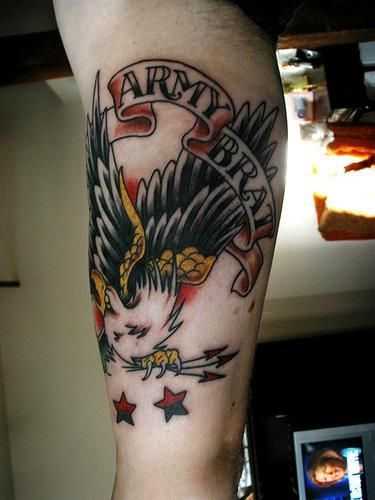 Arm tattoo with eagle and ribbon
