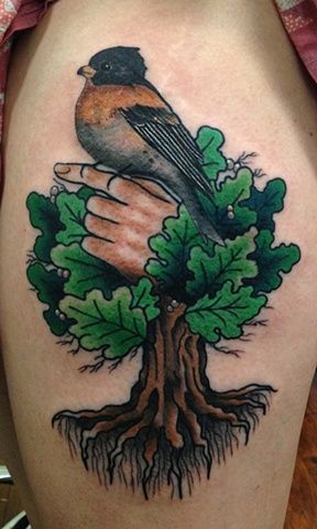 Tattoo with tree and bird on hand