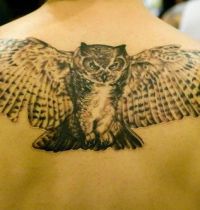 Black owl with big wings tattoo