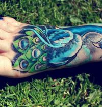 Blue and green peacock tattoo