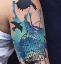 Blue blur with cage and birds tattoo