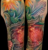 The hummingbird among the flowers