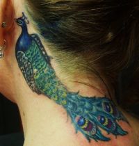 Neck tattoo with peacock