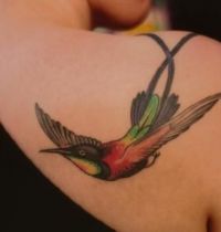 Red and green hummingbird tattoo