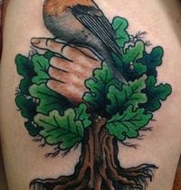 Tattoo with tree and bird on hand