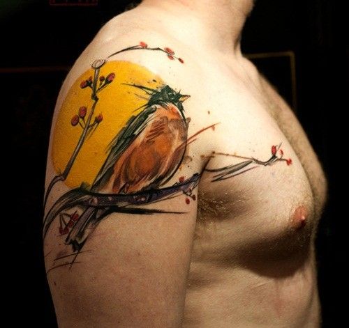 Yellow sun and sparrow on tree