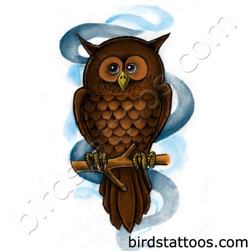 Brown owl sitting on the branch tattoo