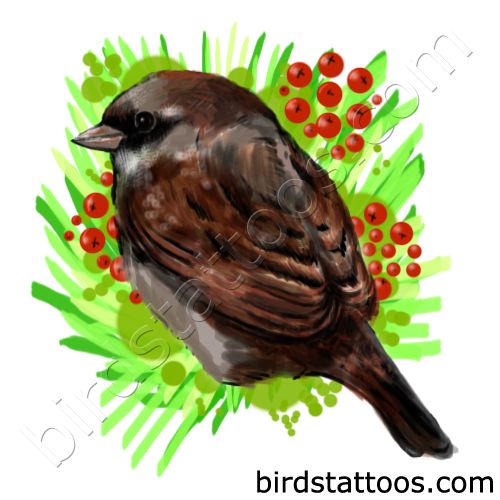 Tattoo with dark sparrow among fruits