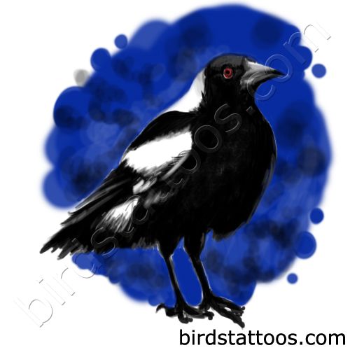 Tattoo with black magpie on blue background